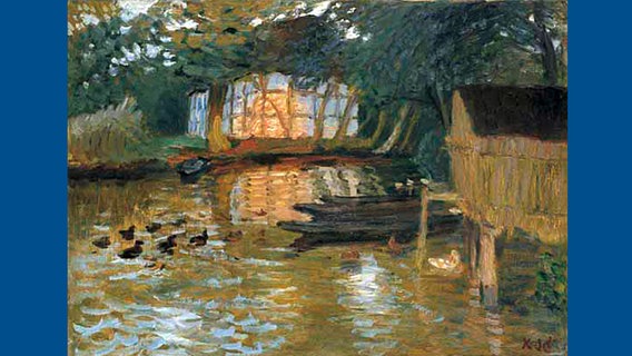 Otto Modersohn: "Wümme mit Scheune im Abendlicht" (198, Privatbesitz). Das Gemälde zeigt historische Boote vor einem Entenhaus. © Privatbesitz 