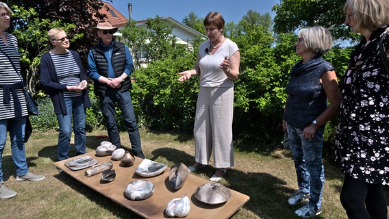 Besucher von Kunst:Offen stehen rund um Künstlerin Carolin Platz in Groß Karrendorf, die ihre Skulpturen erklärt. © Birgit Vitense Foto: Birgit Vitense