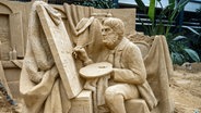 Eine Sandskulptur zeigt den Maler Caspar David Friedrich bei der Arbeit. © picture alliance/dpa Foto: Stefan Sauer