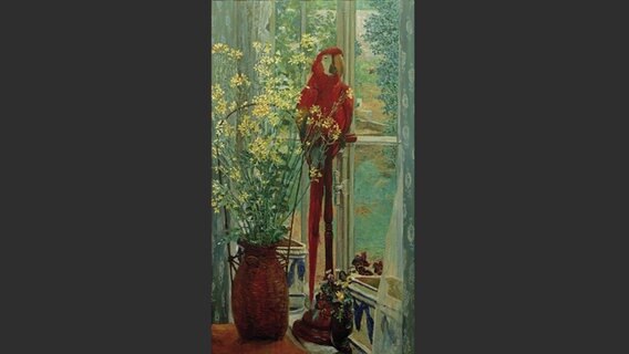 Vogeler, Heinrich, Blumenstilleben mit Papagei am Fenster, 1906. Öl auf Leinwand, 80 × 45 cm. Inv. Nr. LMO 13.733 Oldenburg, Landesmuseum. © picture-alliance/akg-images 