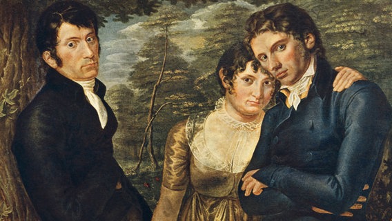 Gemälde "Wir Drei" von Philipp Otto Runge. Rechts im Bild ist der Maler selbst mit seiner Frau Pauline zu sehen, links sein Bruder Daniel. © picture alliance / akg 