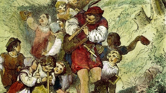 Alexander Zick: Der Rattenfänger von Hameln. Kolorierter Kupferstich,1872. Aus: Clemens Brentano, Des Knaben Wunderhorn, 1873.  Foto: akg-images