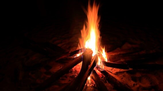 Holzscheite und Äste brennen in einem lodernden Lagerfeuer in der Nacht © x 