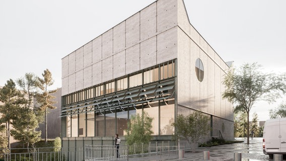 Das Gebäude des Dokumentationszentrums Hannoverscher Bahnhof in der Hamburger Hafencity in einem Architekten-Entwurf von außen betrachtet © Boltshauser Architekten 