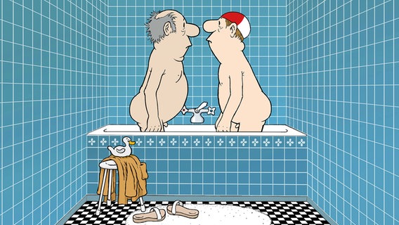 Zwei Männer stehen sich in einer Badewanne nackt gegenüber - "Loriots große Trickfilmrevue". © Studio Loriot 