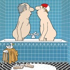 Zwei Männer stehen sich in einer Badewanne nackt gegenüber - "Loriots große Trickfilmrevue". © Studio Loriot 