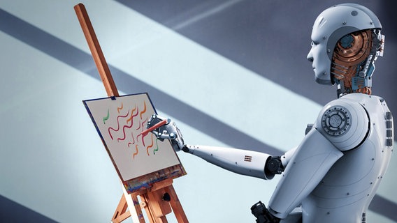 Roboter malt an einer Staffelei (Montage) © Fotolia Foto: phonlamaiphoto, standret