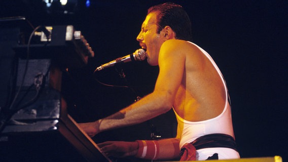 Freddie Mercury singt und spielt Piano auf der Bühne © dpa Foto: Hanne Jordan