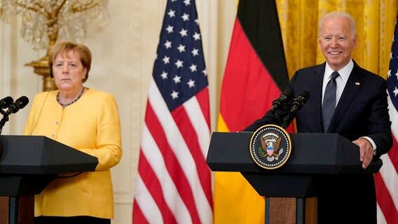 Bundeskanzlerin Angela Merkel bei einer Pressekonferenz mit US-Präsident Joe Biden © Consolidated News Photos | Alex Edelman - Pool via CNP Foto: Alex Edelman