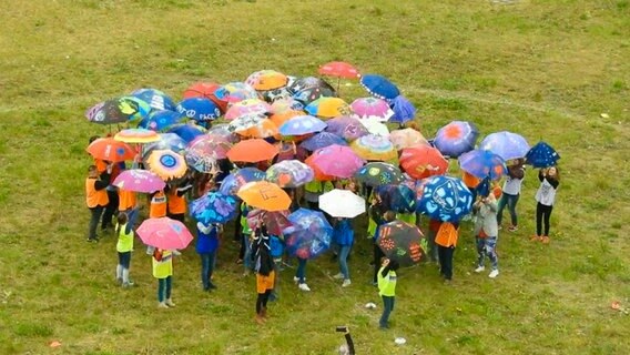 Etwa dreißig Menschen stehen in einer Gruppe auf einer Wiese und halten bunt bemalte Regenschirme in der Hand © NDR 