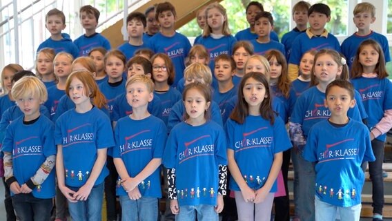 Knapp vierzig Kinder in den gleichen knallblauen T-Shirts stehen in vier bis fünf Reihen vor einer Treppe und singen. © NDR 