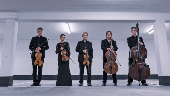 Ensemblebild in der Tiefgarage der Elbphilharmonie: das fabergé-quintett © Matthias Brommann Foto: Matthias Brommann