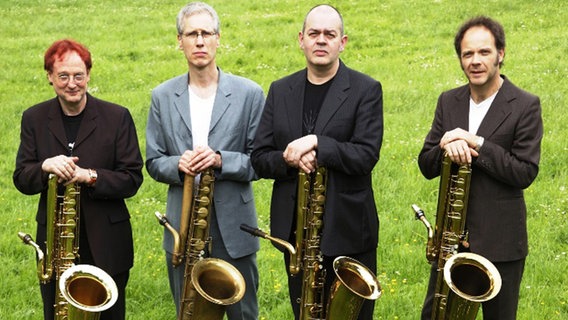 Das Bass-Saxofon-Quintett Deep Schrott posieren auf einer Wiese mit ihren Instrumenten . © Deep Schrott Foto: Helmut Hergarten