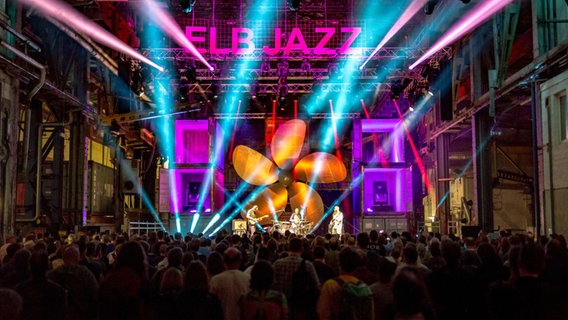 Eine Bühne mit bunten Lichtern und Publikum davor. Oberhalb der Bühne steht in Großbuchstaben Elbjazz. © Ilona Henne Foto: Ilona Henne