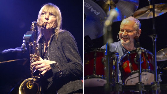 Eine Collage des Schlagzeugers Jon Hiseman und der Saxofonistin Barbara Thompson. © Jazz Archiv Hamburg / Rudi Keuntje/ Geisler-Fotopress 