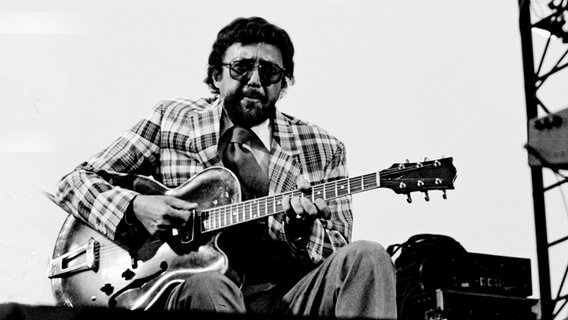 Ein Mann mit Sonnenbrille spielt auf einer E-Gitarre © picture alliance / Heritage Images | Brian O'Connor 