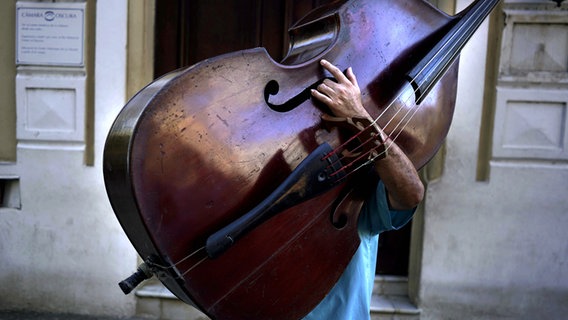 Ein Musiker trägt seinen Kontrabass zur Arbeit in Havanna, Kuba © picture alliance / AP Photo Foto: Ramon Espinosa
