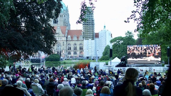 Publikum im Maschpark in Hannover verfolgt das NDR Klassik Open Air 2019 auf einer Leinwand © NDR Foto: Alexander Nortrup