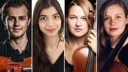 Das Streichquartett der hmt Rostock: Oskar Kaiser, Sara Ferreira, Anna Furmanowicz und Pauline Gude © privat/ privat/ Julica Bendixen/ Kolja Schulze-Rohr 