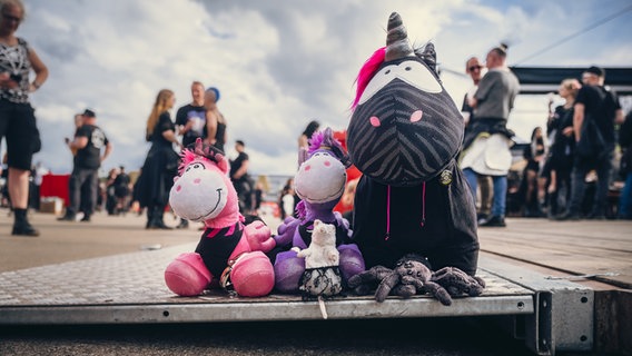Drei aus Stoff genähte Einhörner aus Spielzeug beim M'era Luna Festival 2023 © NDR Foto: Benjamin Hüllenkremer