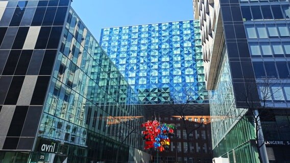 Man sieht zwei Gebäude mit Glasfassaden, in der Mitte ist eine bunte Skulptur. © Eva Schramm / NDR Foto: Eva Schramm