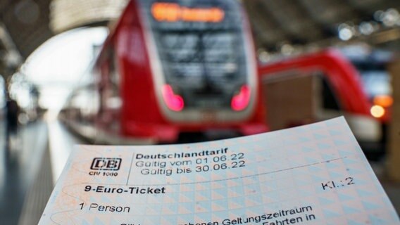 Ein 9-Euro-Ticket wird im Bahnhof vor Zügen gehlten. © dpa Foto: Frank Rumpenhorst