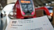 Ein 9-Euro-Ticket wird im Bahnhof vor Zügen gehlten. © dpa Foto: Frank Rumpenhorst