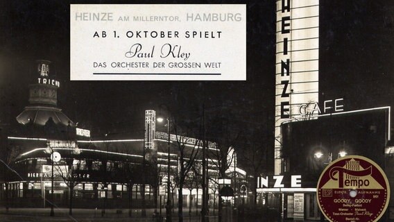 Außenansicht des Café Heinze mit einem Hinweis für ein Konzert von Paul Kley. © Barmbeker Schallarchiv 