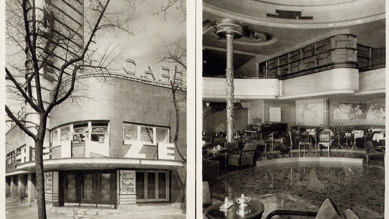 Außenansicht und Innenraum des im Art-Deco-Stil eingerichteten Café Heinze von 1939, einem Spielort des Swing in Hamburg. Außenansicht und Innenraum des im Art-Deco-Stil eingerichteten Café Heinze von 1939, einem Spielort des Swing in Hamburg. © Barmbeker Schallarchiv