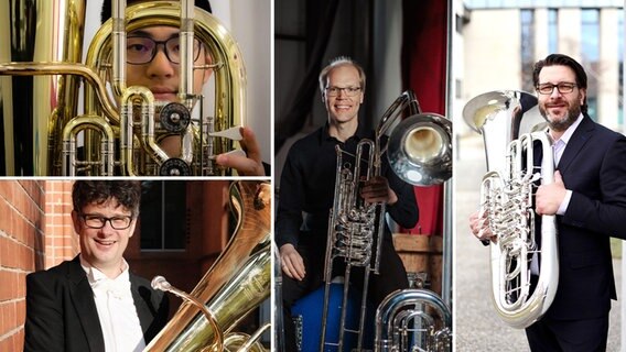 Vier Männer mit Tubas in einer Collage: Stefan Tischler, Jens Wischmeyer, Henghui Liu und Daniel Ridder © Collage/ Christian Strätz, Ulli Tischler, Corinna Schwegel, I-Hsun Lee, Hengui Liu 
