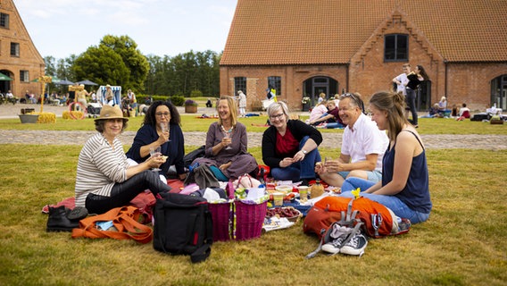 Sechs Menschen sitzen auf einer einer Picknickdecke auf dem Rasen, dahinter geklinkerte Gebäude. © Felix König 