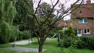 Reihenhausecke mit Bäumen im Vorder- und einem spielplatz im Hintergrund. © NDR Foto: Lornz Lorenzen