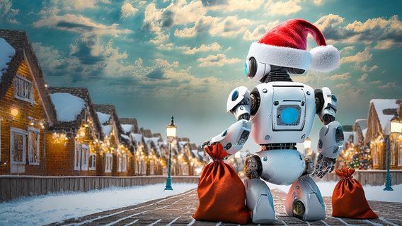 Pepper snackt Platt: Ein Roboter trägt Geschenke aus, links und rechts der Straße sind beleuchtete, eingeschneite Häuser. © NDR Foto: Prompter Lornz Lorenzen