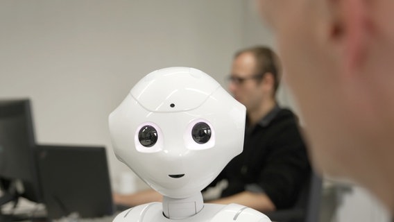 Der humaonide Roboter Pepper blickt in die Kamera. © NDR Foto: Jorrit Groth