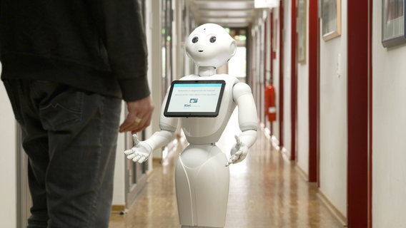 Der Roboter Pepper blickt zu einem Menschen hoch, der vor ihm steht. © NDR Foto: Jorrit Groth