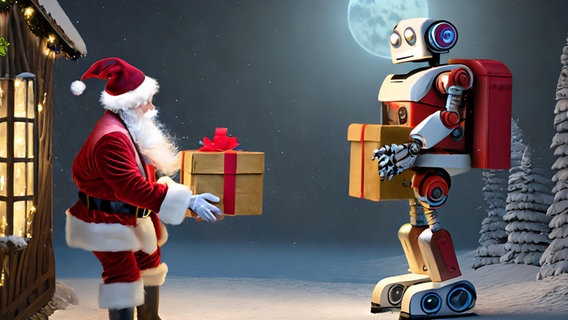 Pepper snackt Platt: Ein Roboter hilft dem Weihnachtsmann beim Austragen der Geschenke in der Nacht. © NDR Foto: Prompter Lornz Lorenzen