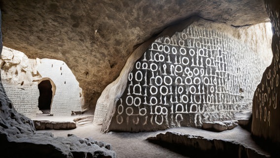 Pepper snackt Platt: In einer Steinzeithöhle sind flächendeckend binäre Zahlen aufgemalt. © NDR Foto: Prompter Lornz Lorenzen