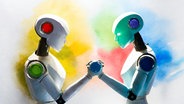 Zwei Roboter stehen sich im Wettkampf gegenüber, Stil Pastellmalerei © NDR/Lornz Lorenzen Foto: Prompt / Lornz Lorenzen Adobe Firefly 2
