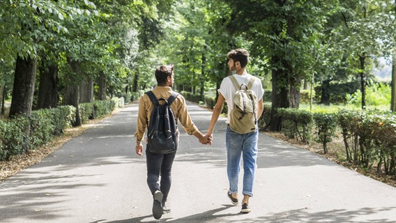 Zwei Männer gehen Hand in Hand durch den Park © imago 