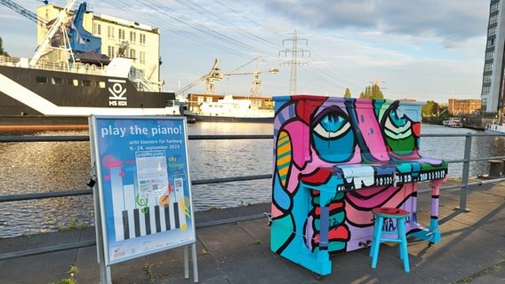 Ein bunt bemaltes Klavier und ein Info-Aufsteller stehen an einem Hafenbecken. © NDR Foto: Karolin Weiß