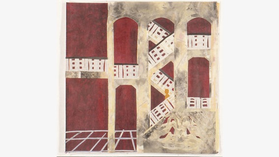 Man sieht den Scherenschnitt von Yin Meng eines Treppenhauses, in rot, braun und beige Tönen. © Yin Meng Foto: Galerie Carolyn Heinz / Yin Meng