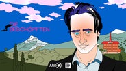 Illustration eines Mannes mit dunklen Haaren vor Berglandschaft, rotem Gebäude und blauem Himmel. Titel „Die Erschöpften“ in rosa Schrift links. © NDR/DLF/Eva Revolver 
