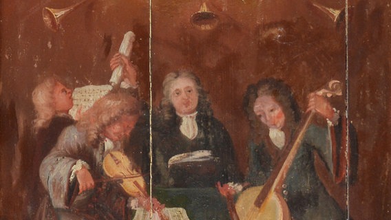Auf einem der Tafelbilder, die Christoph Walzell 1700 und 1701 für die Golzwarder Orgelempore schuf, sind vier musizierende Personen als Diskant, Altus, Tenor und Bassus zu sehen. In der Mitte des Bildes ist der Orgelbaumeister Arp Schnitger abgebildet. © Arp-Schnitger-Gesellschaft/ Beate Ulich Foto: Beate Ulich