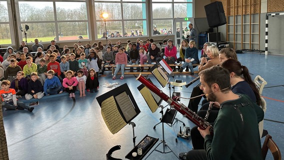Musiker eines Orchesters sitzen in einer Turnhalle vor einer Gruppe von Schülern und musizieren. © NDR Foto: Ole ter Wey