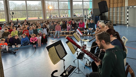 Musiker eines Orchesters sitzen in einer Turnhalle vor einer Gruppe von Schülern und musizieren. Musiker eines Orchesters sitzen in einer Turnhalle vor einer Gruppe von Schülern und musizieren. © NDR Foto: Ole ter Wey