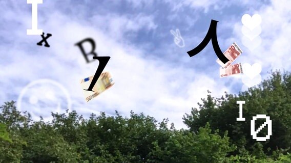Verschiedene Zeichen und Geldscheine fliegen am Himmel.  