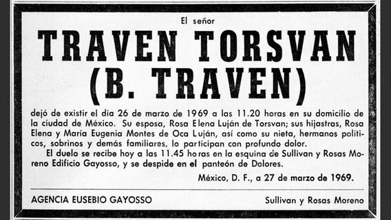 Mexikanische Todesanzeige für Traven Torsvan (B. Traven) © Heinrich-Heine-Institut, Sammlung B. Traven / Will Wyatt 