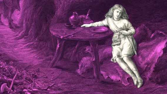 Imogen sitzt in an einem Tisch in einer Höhle. Kupferstich von David Desvachez zu William Shakespeares "Cymbelin". © picture alliance / Heritage-Images | The Print Collector / Heritage-Images Foto: David Desvachez