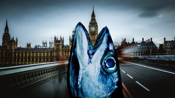 Ein großer Fisch im Vordergrund, im Hintergrund London mit dem Big Ben. © photocase / Montage Foto: superfantaly / Addictive Stock