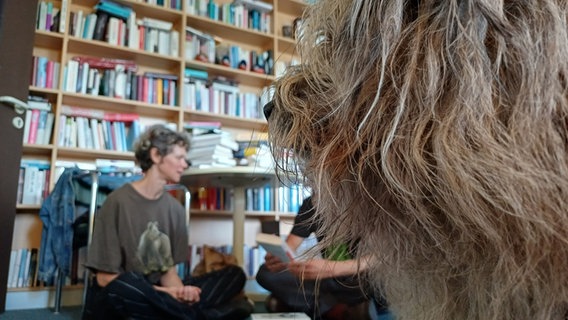 Ein Hund und eine Frau sitzen auf dem Boden vor einem Bücherregal. © NDR Foto: Alexander Solloch